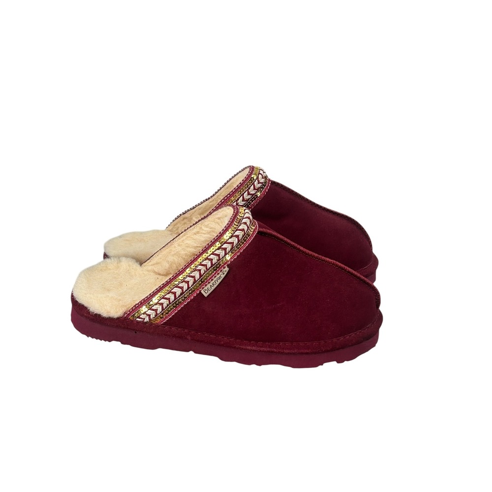 Bearpaw Women Suede Slippers Scuff Mule Maroon Red Size 10‎